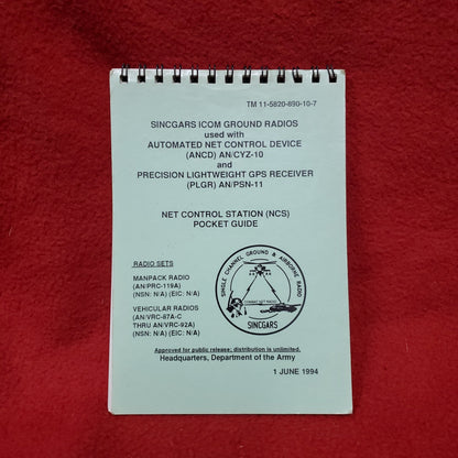 US Army 1994 June SINCGARS ICOM GROUND RADIOS GPS RECEIVER Pocket Guide TM 11-5820-890-10-7 Used (26o- da13-MAY114)