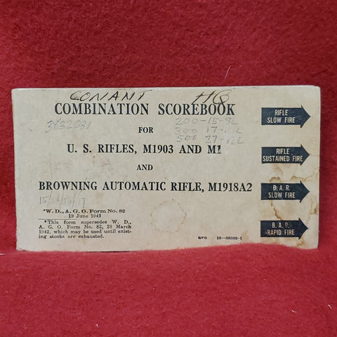Vintage 1944 June 19 COMBINATION SCORECARD FOR US RIFLES & BROWNING (29o23)