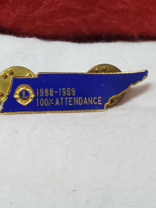 VINTAGE 1988-89 Lions Club International 100% ATTENDANCE AWARD Lapel Pin (06o13)